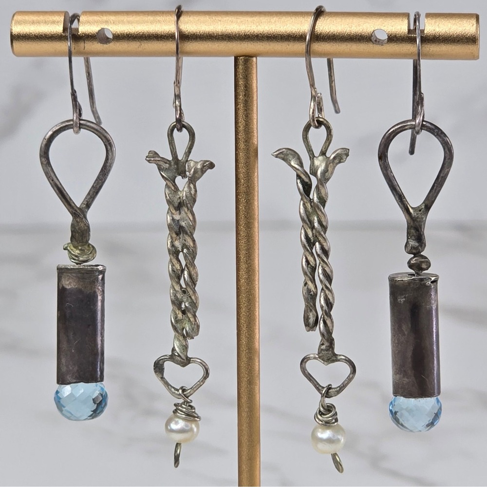 925 Sterling Silver Artisan Earring Lot Blue Topaz Drop & Pearl Heart 9.9g
